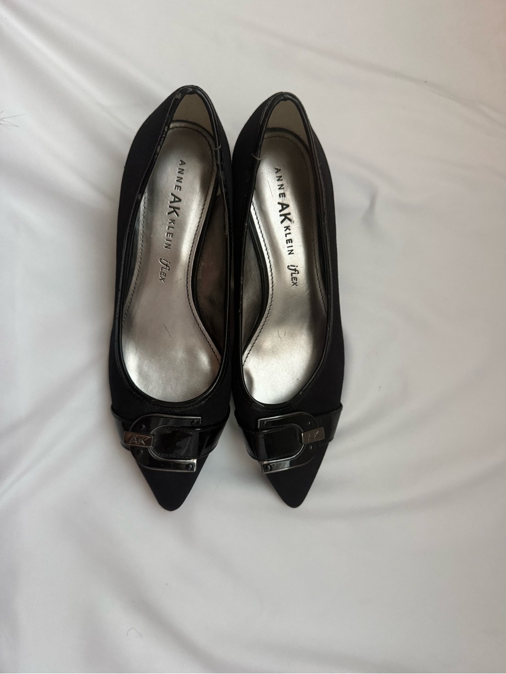 Anne Klein Black Pointed Toe Flats with Logo Buckle
